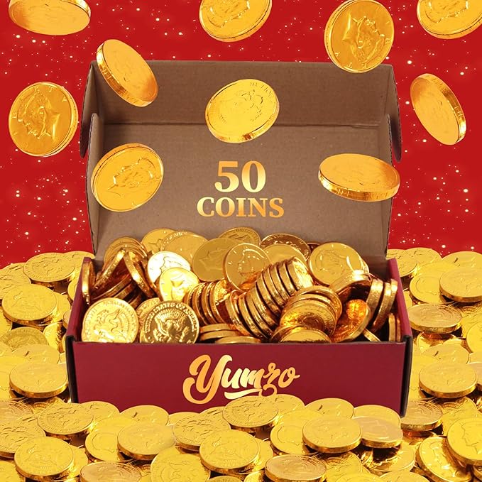 Gold Chocolate Coins, 50 Pack of Gold Chocolate Coins Bulk, Ideal Coin Candy for Themed Parties, Events and Celebrations, Perfect for Gift Bags and Festive Decorations for st patricks day.