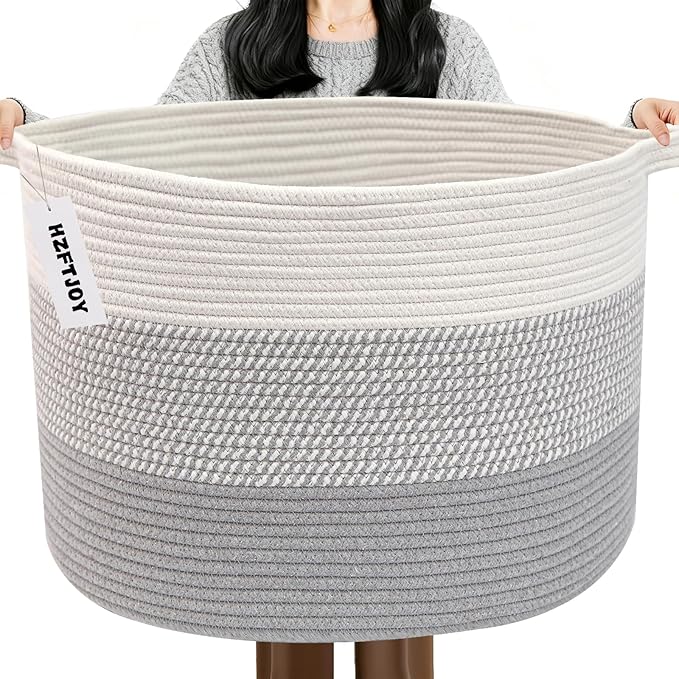 115L Extra Large Blanket Basket,Woven Rope Laundry Basket-Grey | Collapsible, reinforced handles, nursery storage bin organizes clothes, toys and pillows for living room, bedroom bathroom