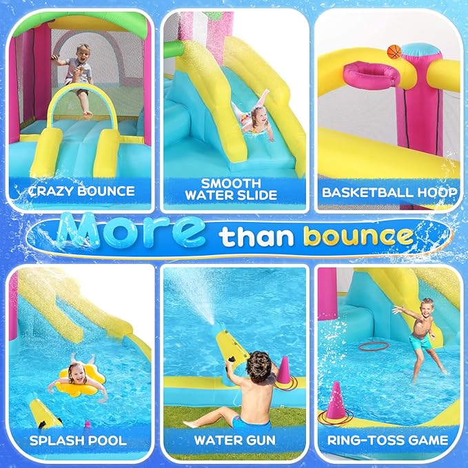 JOYMOR Inflatable Bounce House with Double Water Slide for Kids Toddler Age 3-10, Splash Pool Water Cannons, Ring-Toss Games for Outdoor Backyard Fun Water Toys, Indoor Bouncy Castle with Air Blower