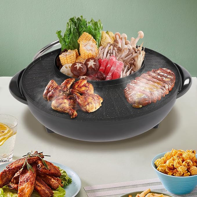 Electric Smokeless Grill and Hot Pot 2 in 1, Multifunctional Round Pot, Hot Pot Plate, Circular Edition Hotpot Grill Combo Korean BBQ, Non Sticky Pot Black 110v.