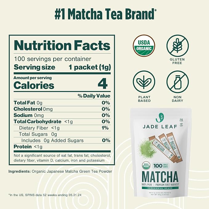 Jade Leaf Matcha Organic Ceremonial Grade Matcha Powder - On The Go Packets For Lattes, Smoothies, Usucha, 100 Count (0.04 Ounce Packets)