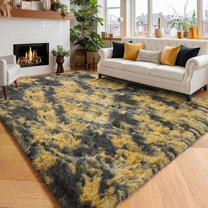Amdrebio Black Gold Grey Fluffy Area Rug 5x7 for Bedroom Living Room Dorm | Fuzzy Plush Fuzzy Mustard Yellow Leopard Cheetah Carpet, Classroom Men Cave Bedside Office Playroom Decor, Baby Kids Corner