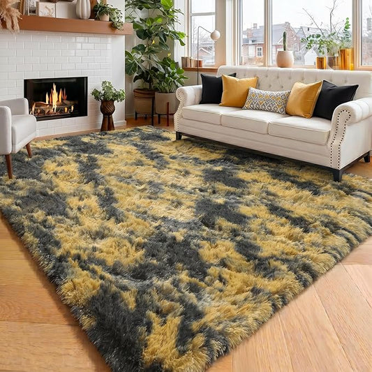 Amdrebio Black Gold Yellow Grey Rugs for Bedroom Living Room Decor, Fluffy Furry Fuzzy Shaggy Area Rug 4x6 for Kids Room Dorm Home Office, Modern Cool Leopard Cheetah Shag Carpet for Teen Boys Men