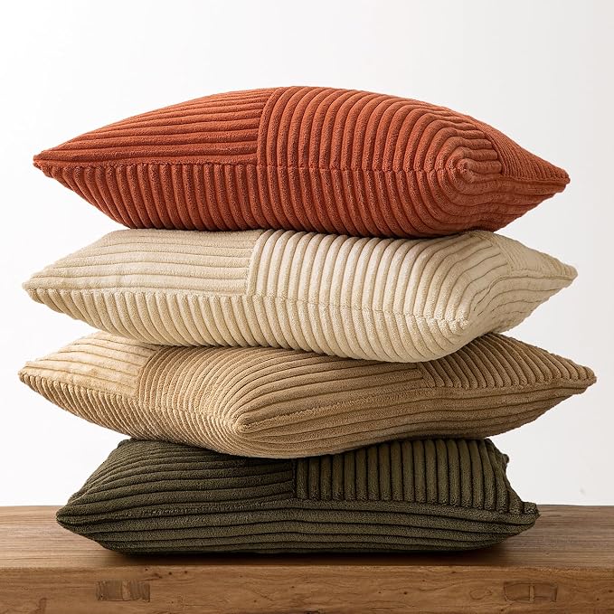 MIULEE Rust-Olive Green Decorative Throw Pillow Covers 20x20 Inch Set of 4 Boho Color-Clash Cushion Cases Farmhouse Pillow Cases Corduroy Striped Home Decor for Couch Sofa Living Room Bed