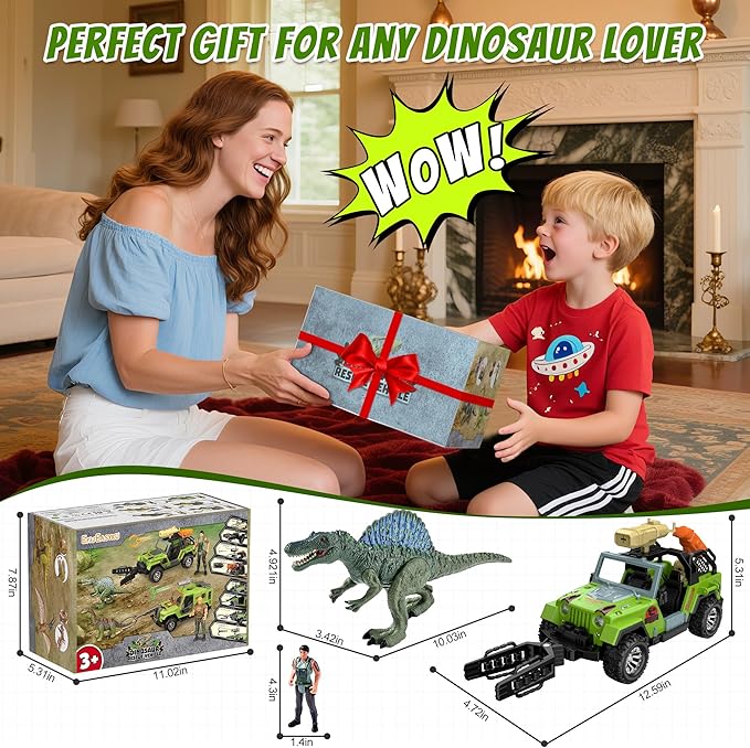 EKU Dinosaur Park Truck with 10 Sounds, Capture Net, Clamp, Launcher, Chomping Spinosaurus Figure, Human, Push and Go Adventure Vehicle for Jurassic World Toys Pretend Play Gifts for Kids 3+
