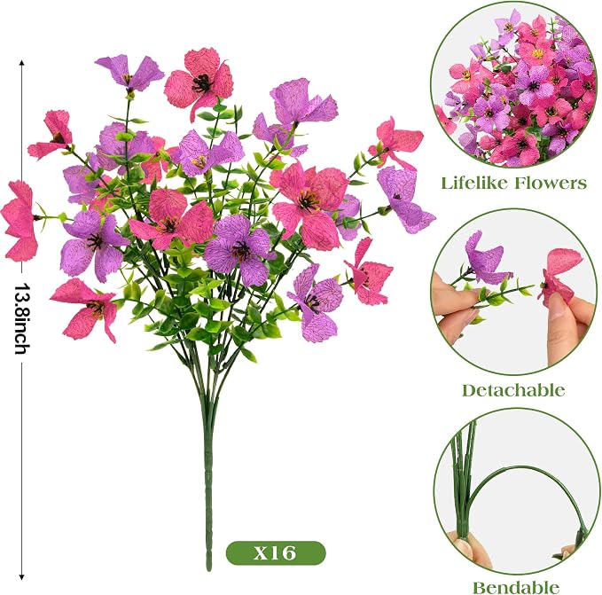 Ouddy Decor 16 Pcs Artificial Flowers for Outdoors Decor, Purple & Rose Red | Realistic, silk flowers, faux plastic plants, UV resistant, for summer garden porch window vase indoor outdoor home decor