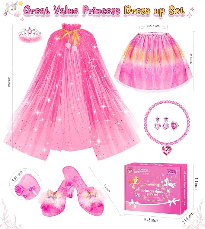 Princess Dress Up, Dress Up Clothes for Girls Princess Toys Set with Princess Capes Princess Shoes Princess Dress Jewelry, Birthday Christmas Gifts for Toddles Girls 3 4 5 6 Years
