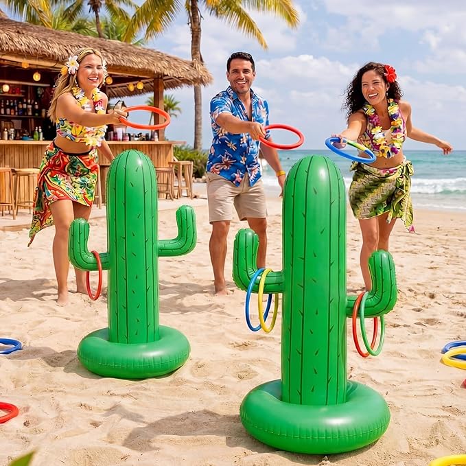 Hungdao 40 Inch Mexican Inflatable Cactus Ring Toss Game Set, Target Toss Party Games with 10 Pcs Rings Floating Summer Activity for Mexicano Fiesta Outdoor Beach Decor Cinco De Mayo Party
