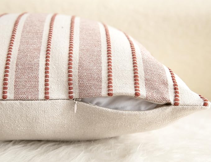 Cethom Decorative Boho Throw Pillow Covers, Farmhouse Textured Pillow Case, 22 x 22 Inch Set of 2, Chair Sofa Bedroom Living Room Home Decor Couch Cushion Case, Rust and Beige Striped