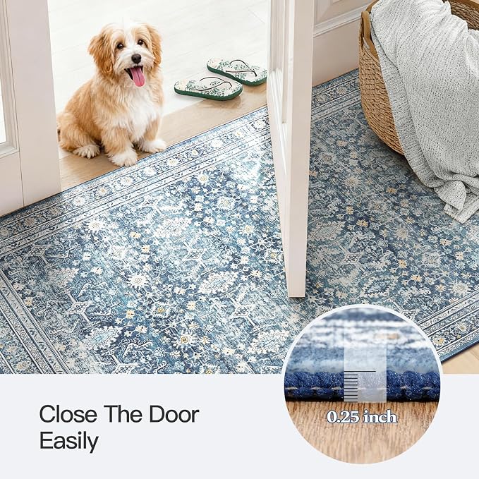 3x5 Area Rugs for Entryway, Blue Washablee Non-Slip Area Rug for Kitchen | Soft Area Rug for Dining Room Home Office Indoor Nursery, Stain Resistant, Low Pile, Vintage Boho Distressed Rug