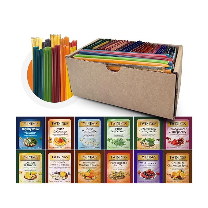 Twinings 48 Tea Bags Herbal Variety Pack – 12 Caffeine-Free Flavors + 20 Honey Sticks, Relaxing Herbal Tea Gift Set for Tea Lovers, Bedtime & Daily Wellness