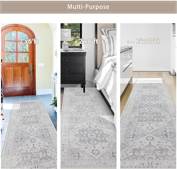 Srugn Kitchen Rug - Non Slip Hallway Runner - 2x8 Soft Faux Wool Washable Grey Vintage Throw Rug for Entryway and Bedroom
