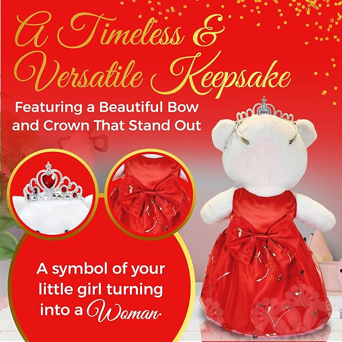 Quinceañera Teddy Bear 18-inches Tall with Dress for 15th Birthday, Quince Bear with Matching Crown, Ideal Keepsake for 15th Birthday, Mis XV Años - Red