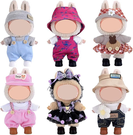 ebuddy 6 Sets Doll Clothes for 17 cm Plush Doll - Fashion Overalls Ensemble Adorable Outfits Collection (Clothes Only)
