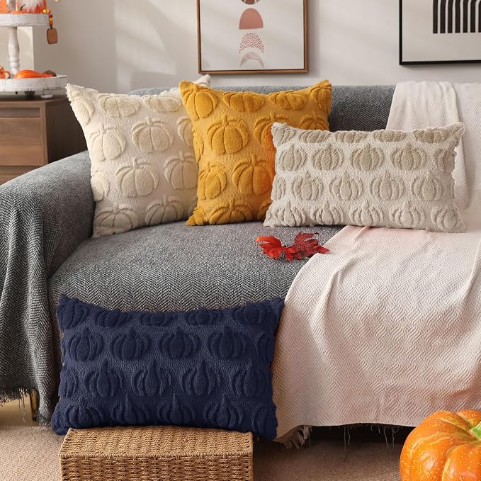 DFXSZ Fall Pillow Covers 12x20 2Pcs Navy Blue Pumpkin Fall Decorations | Fall decor Set of 2 Throw Pillow Cases Soft Plush Faux Fur Wool Couch Cushion for Chair Sofa Bedroom Living Room Home Decor