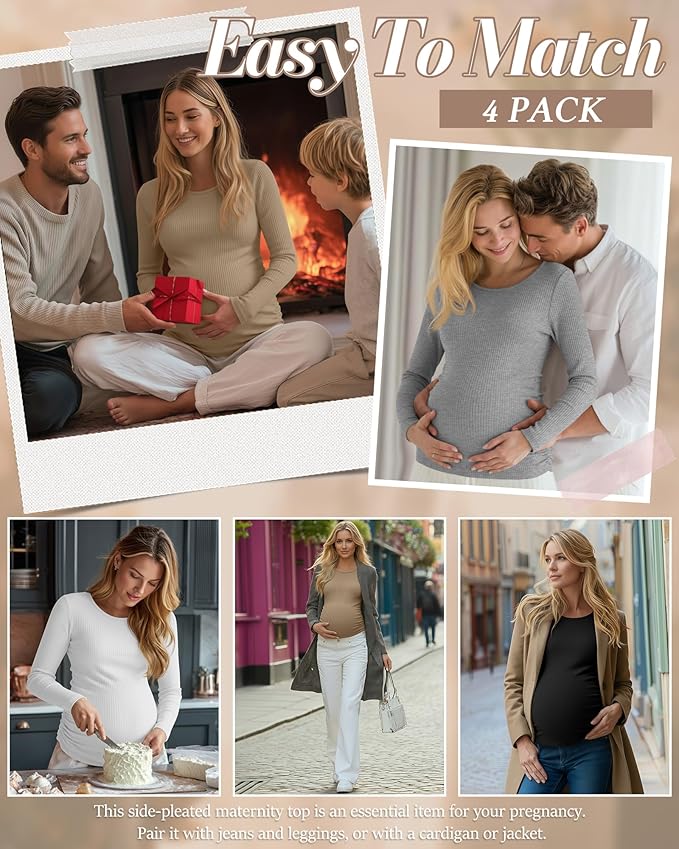Huukeay 4 Pack Women's Maternity Shirts, Long Sleeve Cotton Ribbed Pregnancy Tops Side Ruched Crew Neck Casual Mama Clothes