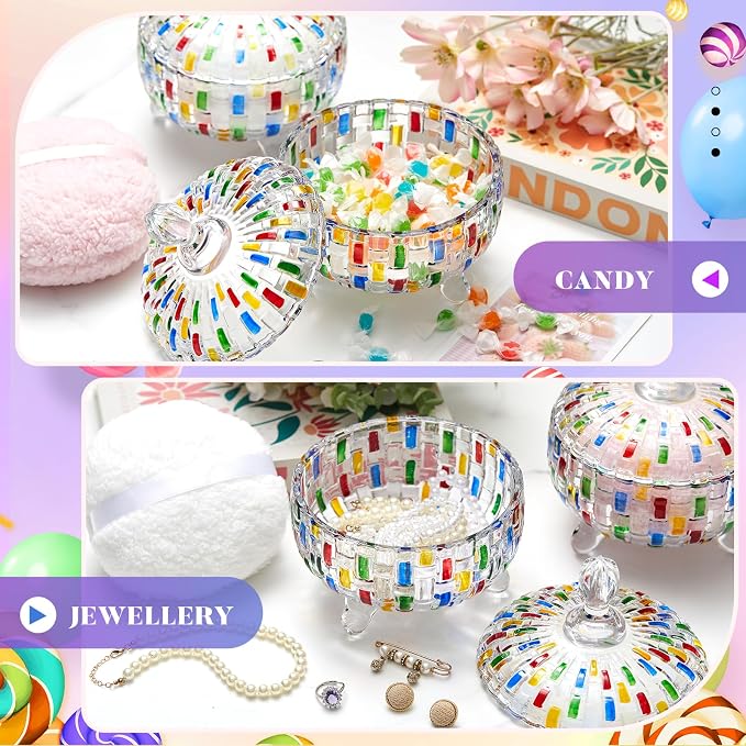 Tioncy 2 Set Extra Large Body Powder Puff and Container, 6'' Washable Vintage Decorative Crystal Powder & Container Gift for Bathroom Counter & Feminine Vanity Decor(Weave Design,Multicolor)