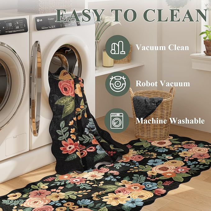 DUKINO 3x4 Rug, Non Slip Floral Washable Area Rug for Entryway, Black | Soft, Low Pile, Non-Shedding Indoor Throw Rugs for Kitchen, Hallway, Bedroom, Bathroom, Laundry, Pet Friendly, Home Decor