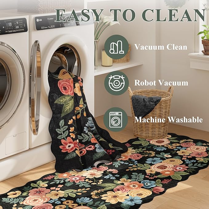 DUKINO 3x5 Area Rugs, Non Slip Floral Washable Rug for Bedroom, Black | Soft, Low Pile, Non-Shedding Throw Rugs for Living Room, Entryway, Kitchen, Kids Room, Pet Friendly, Home Decor, Lightweight