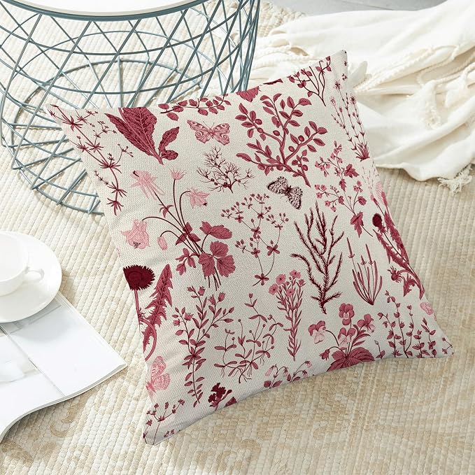 Christmas Pillow Covers 24x24 Inch Set of 2,Burgundy Red Wild Flower Plant Throw Pillows Case,Seasonal Floral Outdoor Decorative Square Linen Farmhouse Decor Cushion Covers for Home Sofa bed Couch