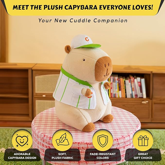 13.7 Inch Cute Animal Capybara Plush Toy with Green Baseball Jersey, Cute Animal Plush, Cute Doll Gift for Kids for Girls/Boys, Kawaii Anxiety Stuffed Animal Plushie, Bedtime Huggable Companion