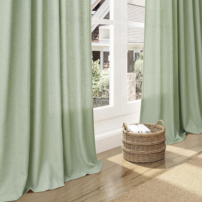 Nanspring Mist Sage Linen Curtains 102 Inches Long Rod Pocket Back Tab Drapes 2 Panels Set for Living Room Bedroom Light Filtering Semi Sheer Mist Sage Curtain 102 Length for Patio Door 52x102