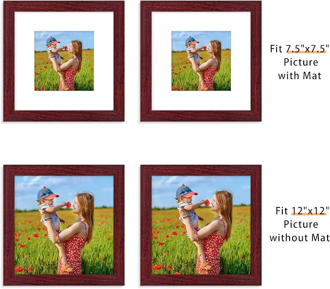 Picrit 12x12 Picture Frame Set of 12, Display 8x8 with Mat or 12 x 12 without Mat, Photo Frames for Wall Mounting Display, Dark Red Wood
