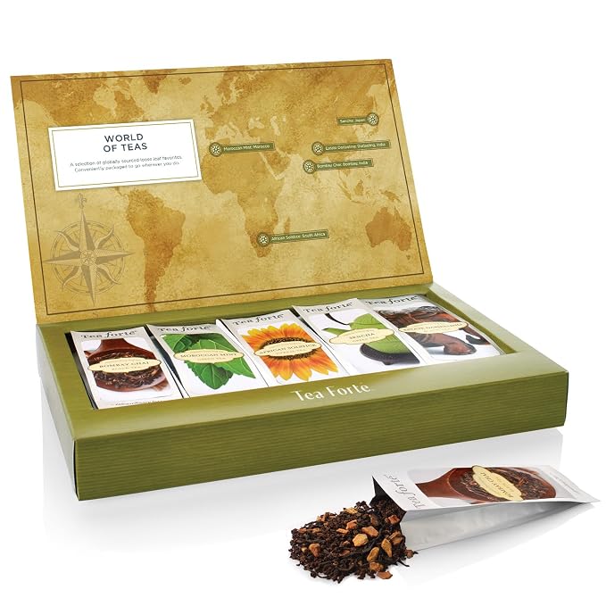 Tea Forte Single Steeps Loose Leaf Tea Sampler, Assorted Variety Tea Box, 15 Single Serve Pouches, World of Teas Tea