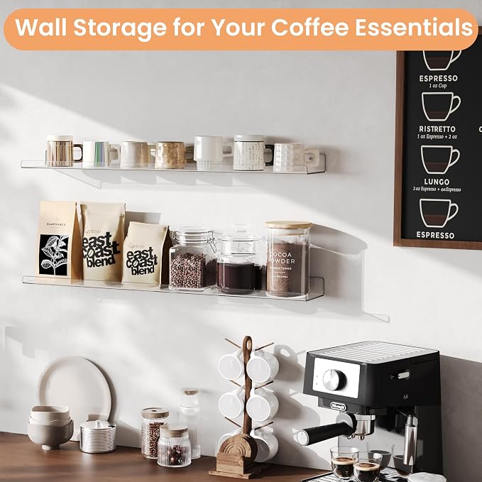 upsimples 35.5" Acrylic Shelves for Wall Storage and Organizer, 2 Pcs | Extended Shelf for Picture, Skincare, Perfume, Bag, Kitchen Spice Rack, Kids Bookshelf, Invisible for Displaying, Room Décor