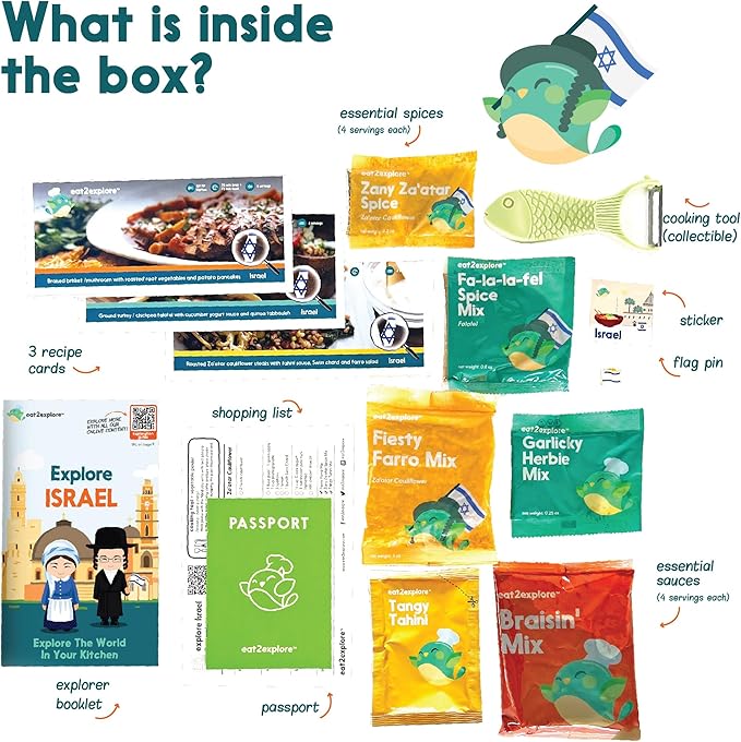 Kids Interactive & Educational Real Cooking Set for Families | Includes 3 Local Recipe Cards with Key Ingredients, Cooking Tools, Fun Kids Explorer Guide | Explore Israel Kit