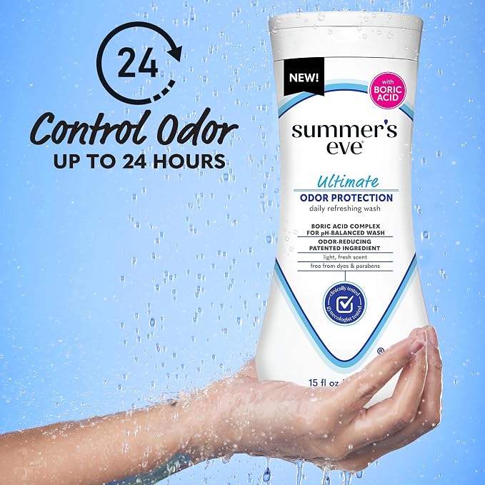 Summer's Eve Ultimate Odor Protection Daily Feminine Wash,pH-Balanced Formula Body Wash for Women with Boric Acid Helps Control Vaginal Odor,15 Fl Oz,(Pack of 2)