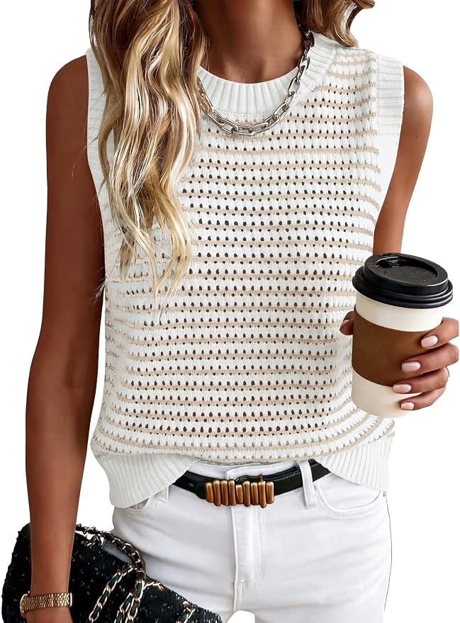 ANRABESS Womens Sleeveless Sweater Vest Striped Tank Tops | Crochet Knit Crew Neck, Lightweight Soft Comfy, Vacation Travel Work Casual Outfits, Sping Summer Layering Clothes