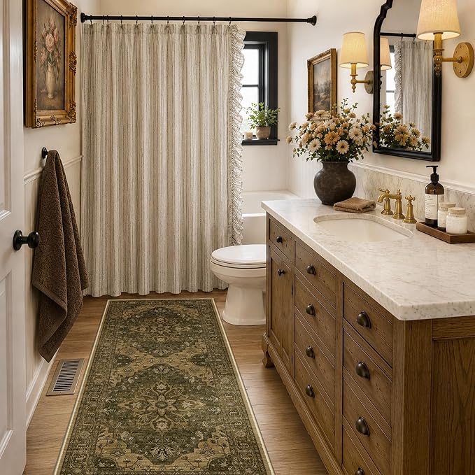 RELEANY Area Rugs Runner 2'x6' Washable Non-Slip, Floral Vintage Distress Medallion Carpet for Kitchen Hallway Bedroom Beside Laundry Room Bathroom, Brown Dark Brown