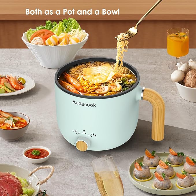 Audecook Hot Pot Electric with Steamer, 1.5L Portable Nonstick Rapid Noodles Cooker, Travel Electric Skillet with Dual Power Control for Ramen/Pasta/Soup/Steak/Egg/Oatmeal (Green)