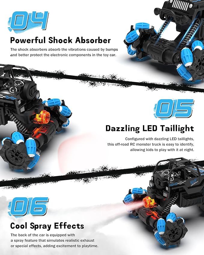 RC Sideways Stunt Car, 2.4 Ghz Remote Control Drift Car, Features 360° Rotation, Spins, Spray, All Terrain 4WD RC Stunt Cars Toys for 6-12 Years Boys Girls Gifts for Christmas New Year