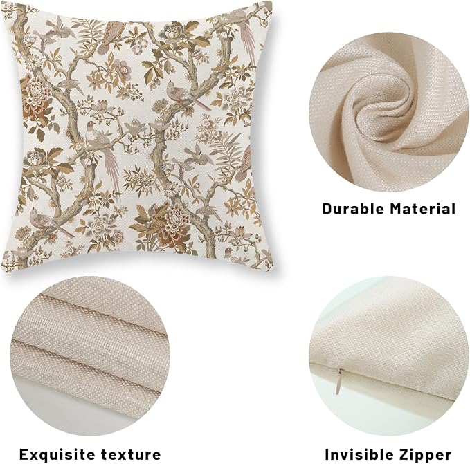 Chinoiserie Pillow Covers 18x18 Set of 2 Brown Bird Floral Throw Pillows Vintage Flowers Bird Decorative Pillowcase Farmhouse Linen Cushion Case Decor Outdoor Throw Pillows for Couch Sofa