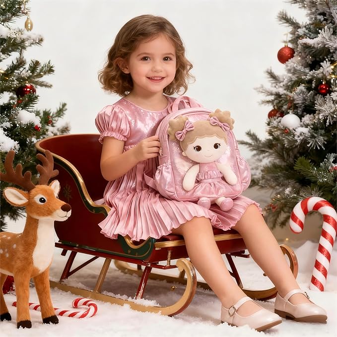 Lazada Toddler Backpack - Baby Girl Gifts Curly Fingerprints Plush Doll Dress Backpack - Fashion Girls Curly Rolled Fingerprints Series - Apricot Pink 11 Inches