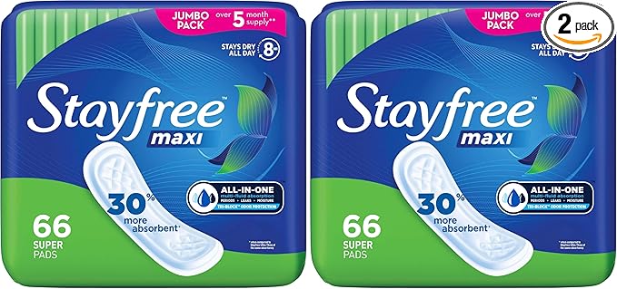 Stayfree Maxi Super Long Pads for Women, Wingless, Reliable Protection and Absorbency of Feminine Periods, 66ct (Pack of 2)