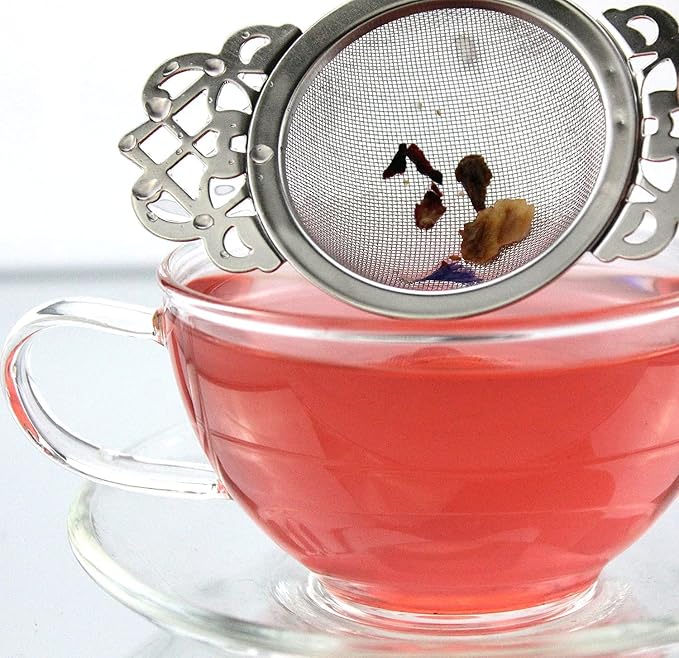 SOLSTICE TEA TRADERS Empress Tea Strainers with Drip Bowls (Pack of 2) Elegant Stainless Steel Loose Leaf Tea Strainers