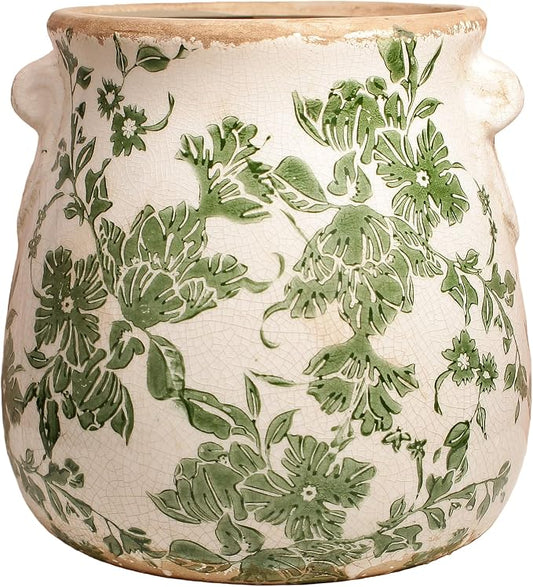 Ceramic Flower Vase, Cottagecore Vases & Planting Pots with Drainage | 6.68" Retro Farmhouse Indoor Plant Pots, English Cottage Decor for Kitchen Dining Table Living Room Bookshelf, Green
