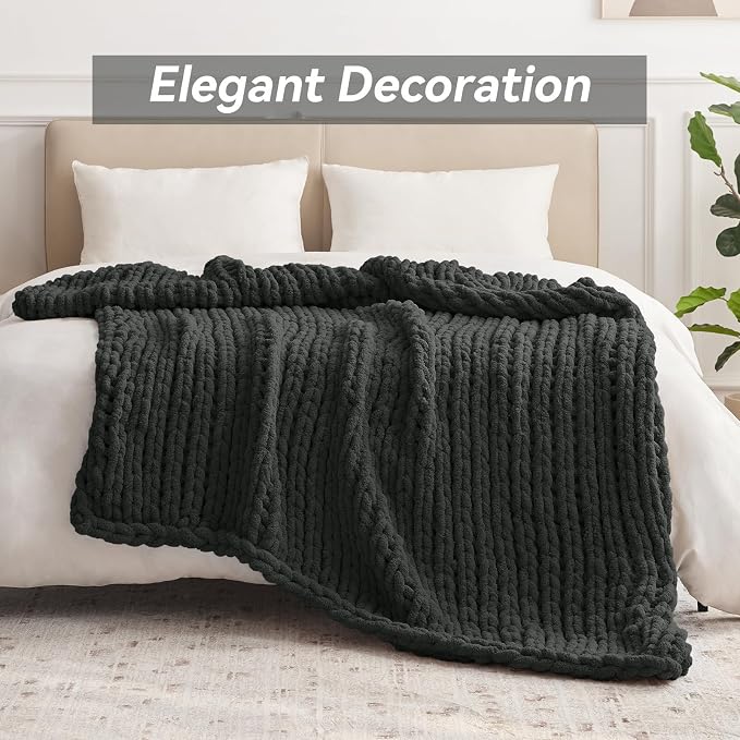 Negwoo Chunky Knit Throw Blanket, Knitted Throw Chenille Yarn, 60"*80" | Soft Thick Cable Knitted Blankets, Handmade Big Thick Blanket, Machine Washable Cute Comfy Blanket for Home Decor, Dark grey