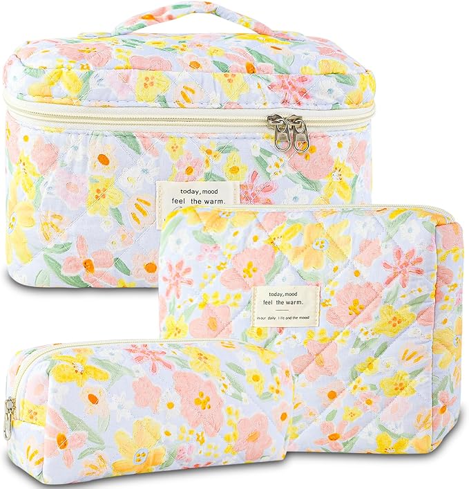 GISMTR 3Pcs Makeup Bag Cotton Quilted Travel Cosmetic Bag Cute Floral Makeup Pouch Large Toiletry Bag for Women Girls