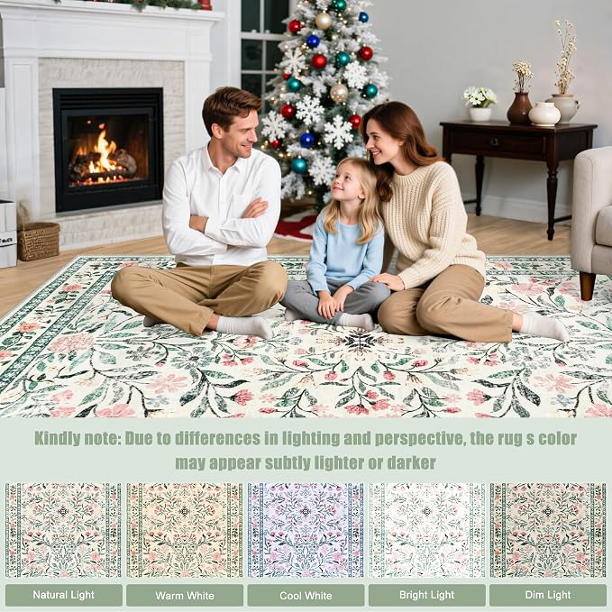 Round Area Rug for Living Room: 8 ft Floral Washable Circle Rug Soft Boho Non-Slip Carpet Indoor Floor Stain Resistant Low Pile Small Circular Rug for Bedroom Entryway Kitchen Nursery Green/Beige