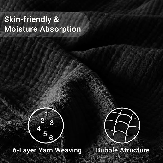 100% Cotton Muslin Blanket California King 120" x 90", 6 Layers Breathable and Lightweight Oversized Blankets for Bed, Soft Cooling Gauze Blanket for Adults All Season, Black