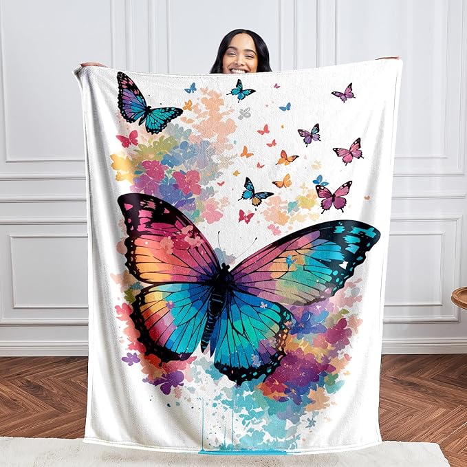 Wajade Kids Butterfly Blanket - Soft Fleece Butterfly Throw for Girls, White, 60"x80"