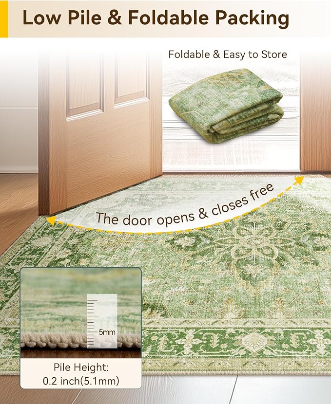 RELEANY Area Rugs Small 2'x3' Washable Non-Slip, Floral Vintage Distress Medallion Carpet for Kitchen Entryway Bathroom, Sage Green Yellow