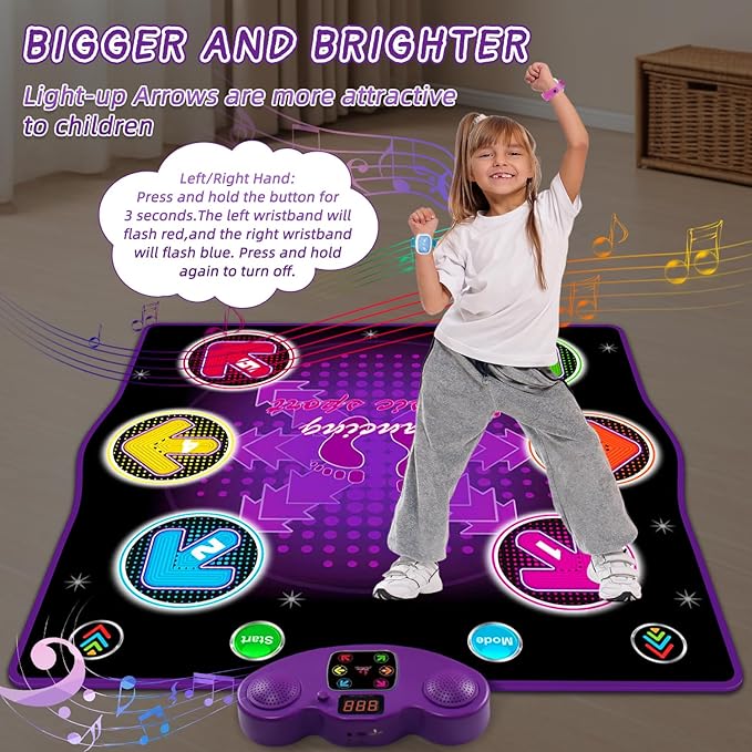 Ysityum Kids Dance Mat Toy with 2 Gesture-Sensing Wristbands - Wireless Bluetooth Light-Up 6-Key Electronic Dance Pad, 6 Games & Music Modes, Birthday Gift for Girls Boys