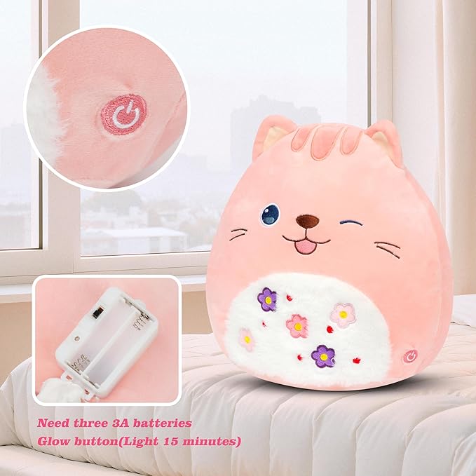 Easfan 12" LED Kitty Plush Pillow Soft Pink Cat Glowing Plush Toy Cute Stuffed Animal Home Room Decoration Birthday Get Well Gifts for Kids Toddlers