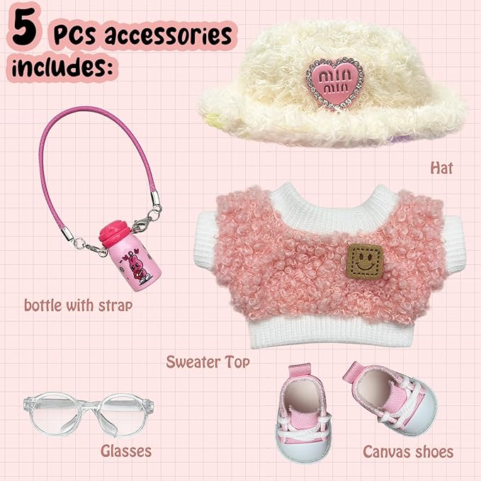17cm Doll Clothes 5 PCs Accessories Outfits Pink Shoes Sweater Glasses Hat Bottle Clothing Set for Keychain, No Doll(Pink)