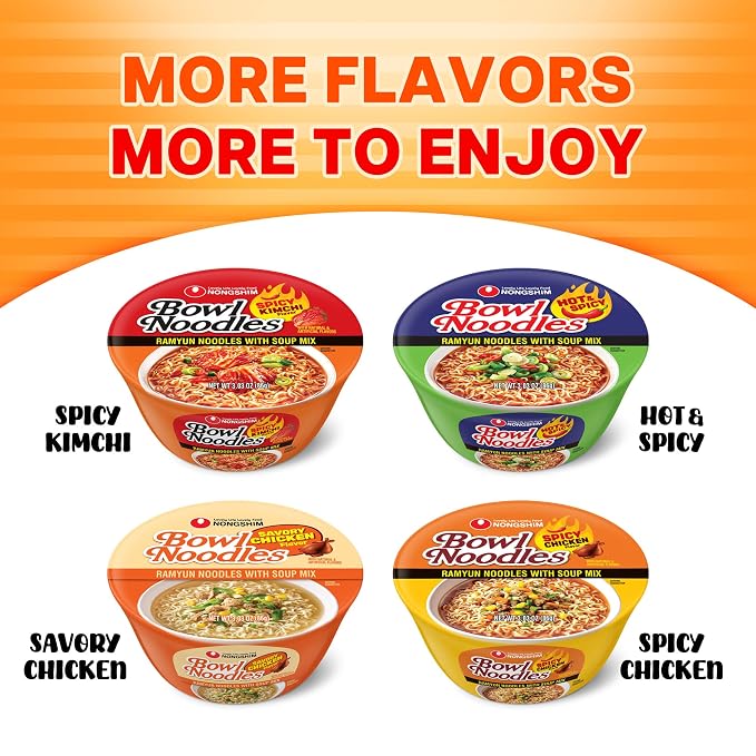 Nongshim Ramen Noodles, Gourmet Instant Ramen bowl, Premium Microwavable Noodle Soup, Kimchi, 3.03 Ounce (Pack of 12)